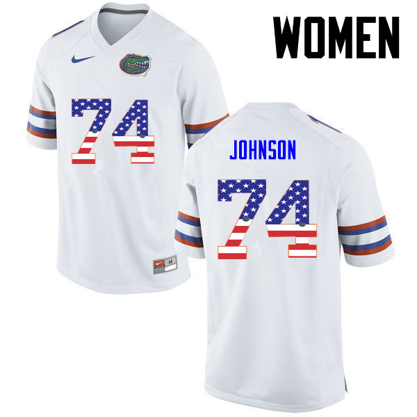 Women Florida Gators #74 Fred Johnson College Football USA Flag Fashion Jerseys-White